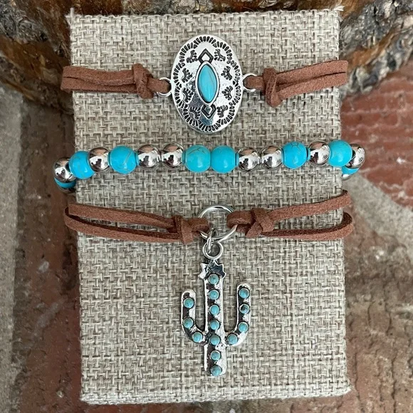 Concho and Saguaro Cactus Faux Leather Bracelet Set - Picture 1 of 2